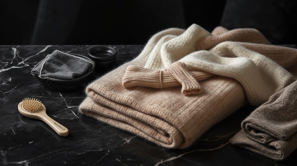 Soft and elegant cashmere fiber and scarves in neutral tones, arranged to showcase texture and warmth.