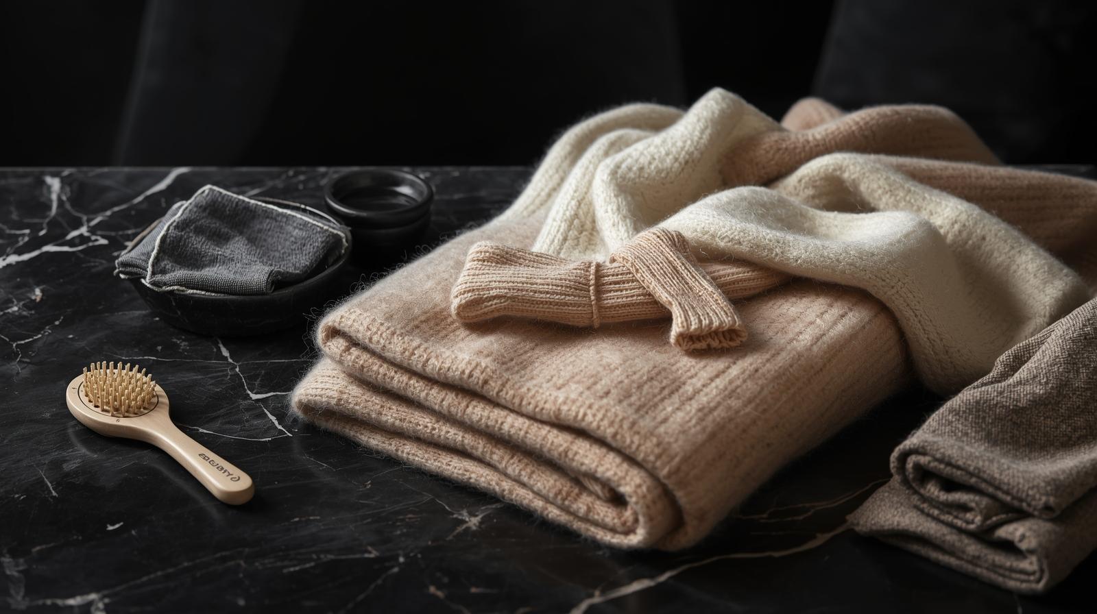 Soft and elegant cashmere fiber and scarves in neutral tones, arranged to showcase texture and warmth.
